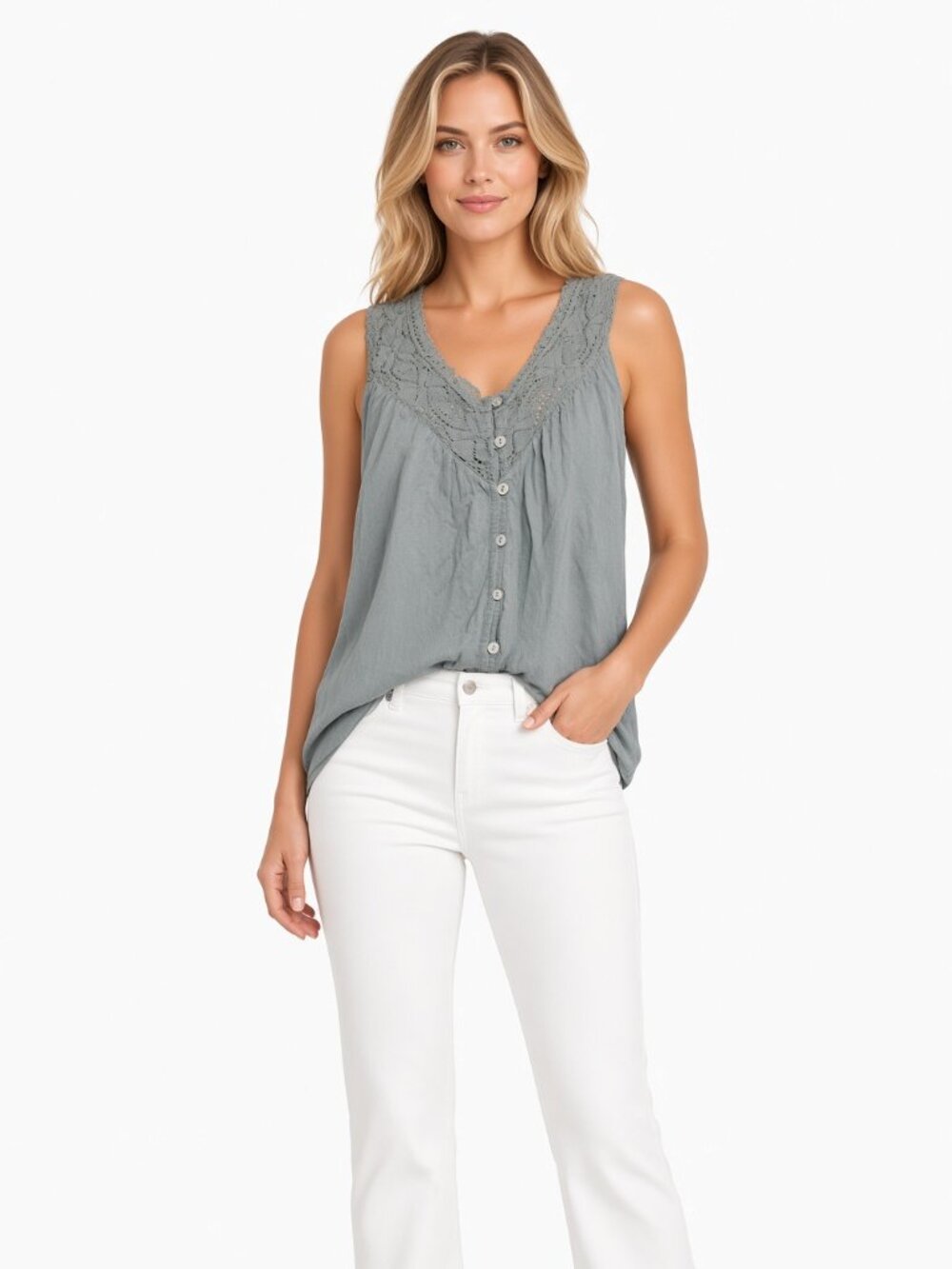 Lucky Brand Sage Green Lace V-Neck Button Front Sleeveless Tank Women’s Boho